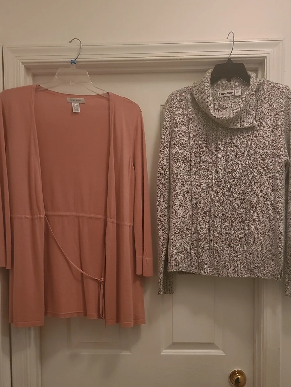 Carol Rose Marled Taupe Cable Cowl-Neck Sweater and Pale Pink Cardigan